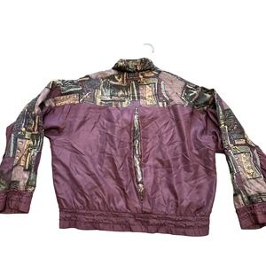 Beyond Performance Women's Burgundy Silk Bomber Jacket‎ Abstract Print Medium